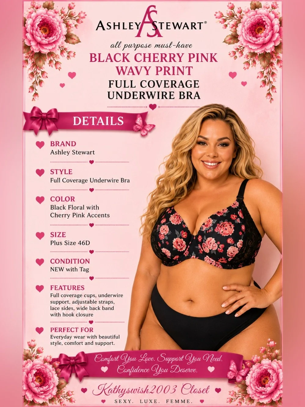 Ashley Stewart Black Floral Full Coverage Underwire Bra, Plus Size 46D NEW w/Tag - Picture 3 of 16